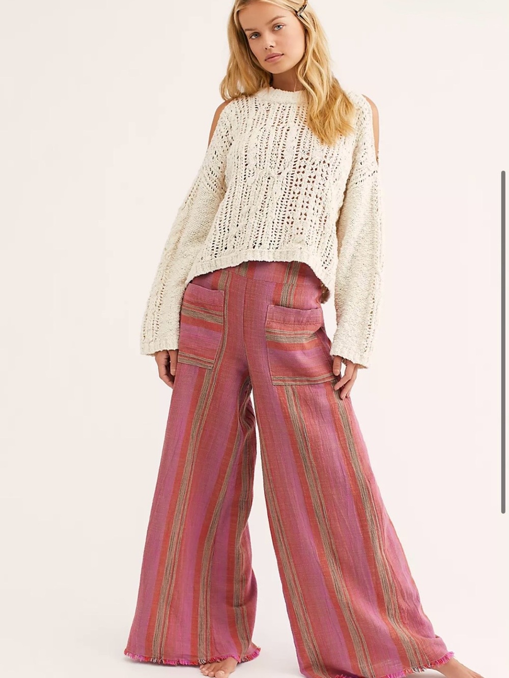Free People Pink Striped Wide-Leg Patch Pocket Pants
